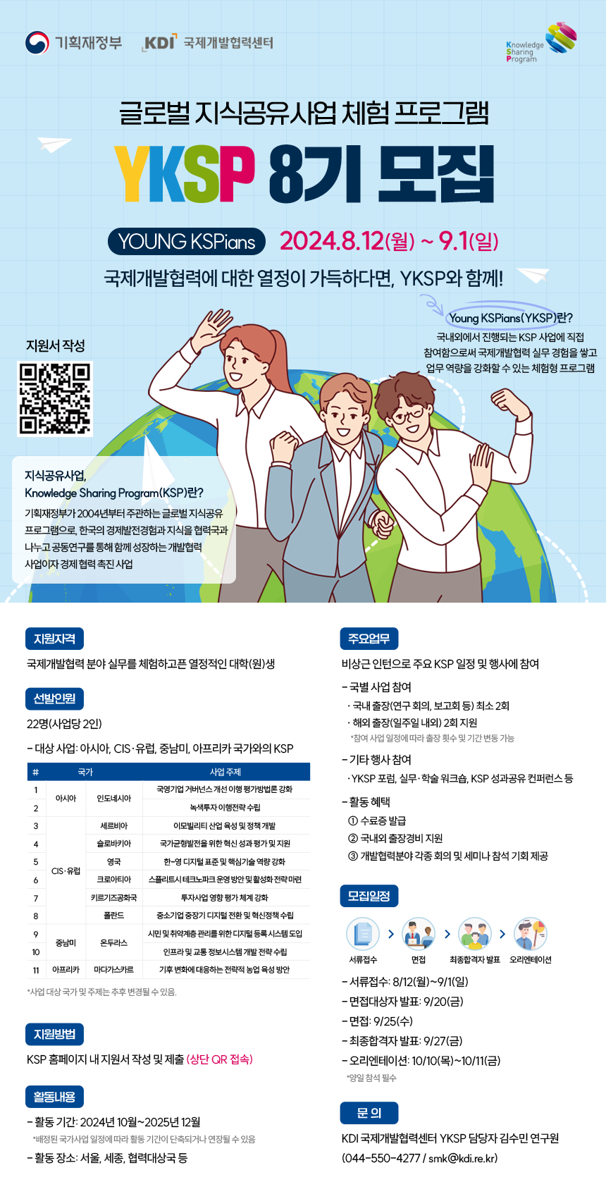  기획재정부 KDI' 국제개발협력센터 지원서 작성 Knonntage Program 글로벌지식공유사업 체험 프로그램 OKSP 8기 모집 YOUNG KSPians 2024.8.12(월)~9.1(일) 국제개발협력에 대한 열정이 가득하다면, YKSP와 함께! Young KSPians (YKSP)란? 국내외에서 진행되는 KSP 사업에 직접 참여함으로써 국제개발협력 실무 경험을 쌓고 업무역량을 강화할 수 있는 체험형 프로그램 지식공유사업, Knowledge Sharing Program(KSP)란? 기획재정부가 2004년부터 주관하는 글로벌 지식공유 프로그램으로, 한국의 경제발전경험과 지식을 협력국과 나누고 공동연구를 통해 함께 성장하는개발협력 사업이자 경제협력 촉진사업 지원자격 국제개발협력 분야 실무를 체험하고픈 열정적인 대학(원)생 선발인원 22명(사업당 2인) -대상사업: 아시아, CIS·유럽, 중남미, 아프리카 국가와의 KSP 녹색투자이행전략수립 이모빌리티 산업 육성 및 정책 개발 한-영 디지털 표준 및 핵심기술 역량강화 스플리트시테크노파크 운영방안 및 활성화 전략 마련 # 국가 사업주제 1 국영기업 거버넌스 개선 이행평가방법론 강화 아시아 인도네시아 2 3 세르비아 4 슬로바키아 국가균형발전을 위한 혁신 성과평가 및 지원 5 영국 CIS·유럽 6 크로아티아 7 키르기즈공화국 8 폴란드 9 중남미 온두라스 10 11 아프리카 마다가스카르 기후변화에 대응하는 전략적 농업 육성방안 *사업 대상 국가 및 주제는 추후 변경될 수 있음. 투자사업 영향 평가체계 강화 중소기업 중장기 디지털 전환 및 혁신정책 수립 시민 및 취약계층관리를위한 디지털 등록시스템 도입 인프라 및 교통정보시스템 개발 전략수립 주요업무 비상근 인턴으로 주요 KSP 일정 및 행사에 참여 국별 사업 참여 ・국내 출장(연구회의 보고회 등) 최소 2회 ·해외 출장(일주일 내외) 2회 지원 *참여 사업 일정에 따라 출장 횟수 및 기간변동가능 -기타행사 참여 YKSP 포럼, 실무·학술 워크숍, KSP 성과공유 컨퍼런스 등 -활동혜택 1 수료증 발급 2 국내외 출장경비 지원 3 개발협력분야 각종 회의 및 세미나 참석 기회 제공 모집일정 서류접수 면접 최종합격자 발표 오리엔테이션 지원방법 KSP 홈페이지 내 지원서 작성 및 제출(상단 QR 접속) 활동내용 - 활동기간: 2024년 10월~2025년 12월 *배정된 국가사업일정에 따라 활동 기간이 단축되거나 연장될 수 있음 -활동장소: 서울, 세종, 협력대상국 등 - 서류접수: 8/12(월)~9/1(일) -면접대상자 발표: 9/20(금) -면접: 9/25(수) -최종합격자 발표: 9/27(금) -오리엔테이션: 10/10(목)~10/11(금) 양일 참석 필수 문의 KDI 국제개발협력센터 YKSP 담당자 김수민 연구원 (044-550-4277/smk@kdi.re.kr) 
